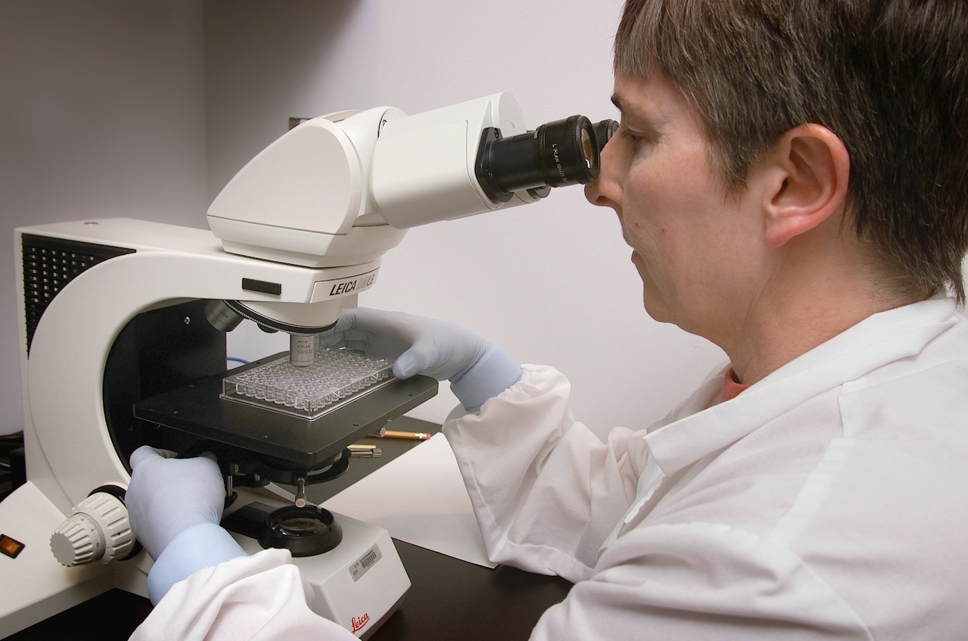 A scientist looking through a microscope